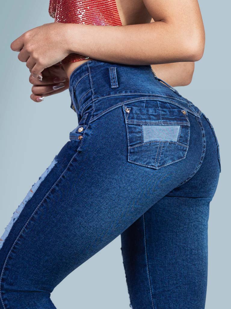 KF1050スキニージーンズヒップアップデストロイドブルーカラー - 画像 (5)