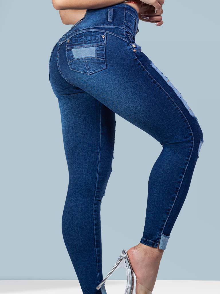 KF1050スキニージーンズヒップアップデストロイドブルーカラー - 画像 (7)