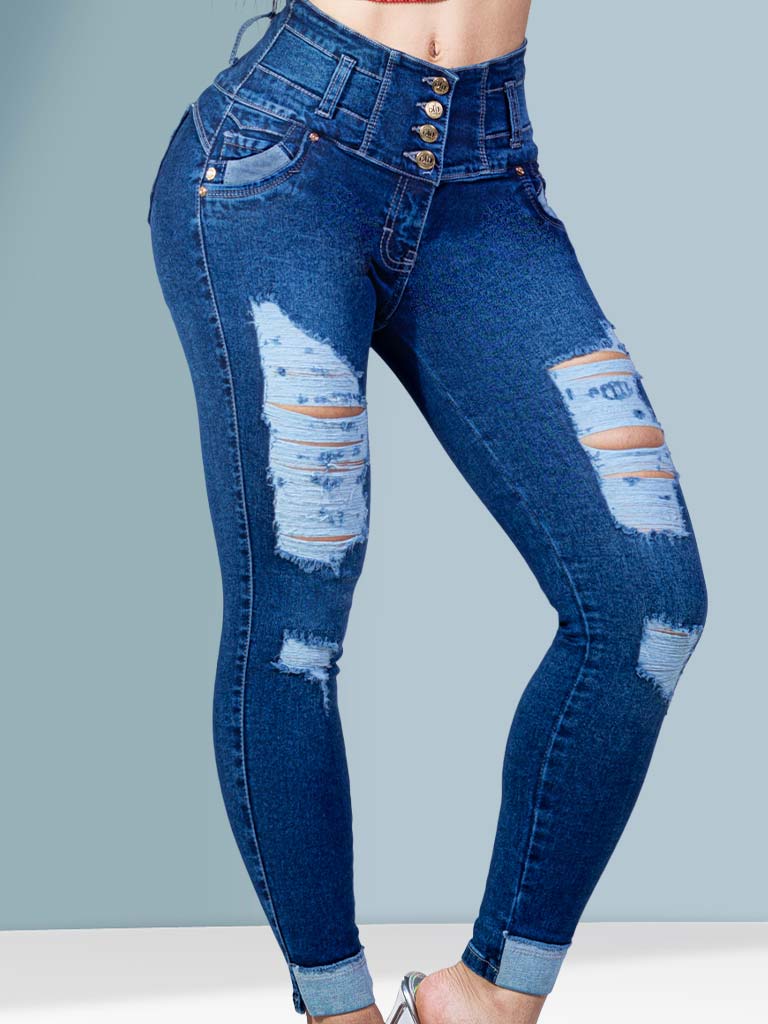 KF1050スキニージーンズヒップアップデストロイドブルーカラー - 画像 (4)