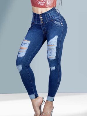 KF1050スキニージーンズヒップアップデストロイドブルーカラー