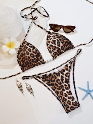 ［カップ付き］ビキニ水着2点セットレディースLEOPARDプリント SIZE-L