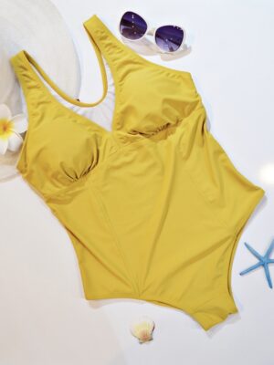 ［カップ付き］マスタードイエロー・美シルエットワンピース水着SIZE-LL