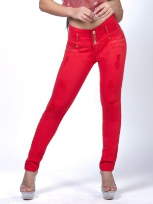 KF1026P ジーンススキニーラインストーン付赤カラー