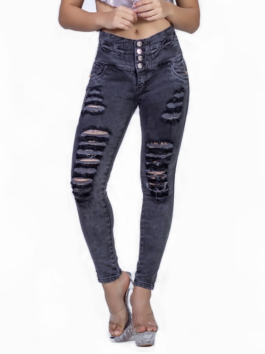 KF1049 プッシュアップスキニージーンスダメージ 鉛色