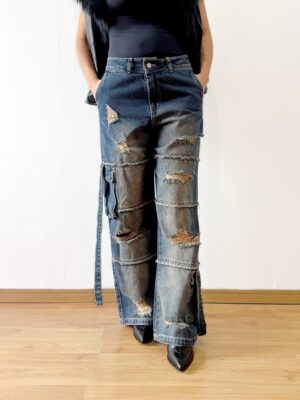 ブルー ダメージデニムカーゴパンツ