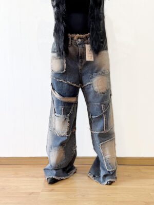 ブルー ダメージデニムカーゴパンツ