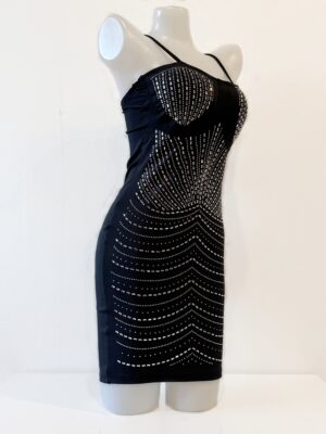 V59セクシーラインストーン付きライクラミニワンピース（パッド入り・調節ストラップ）